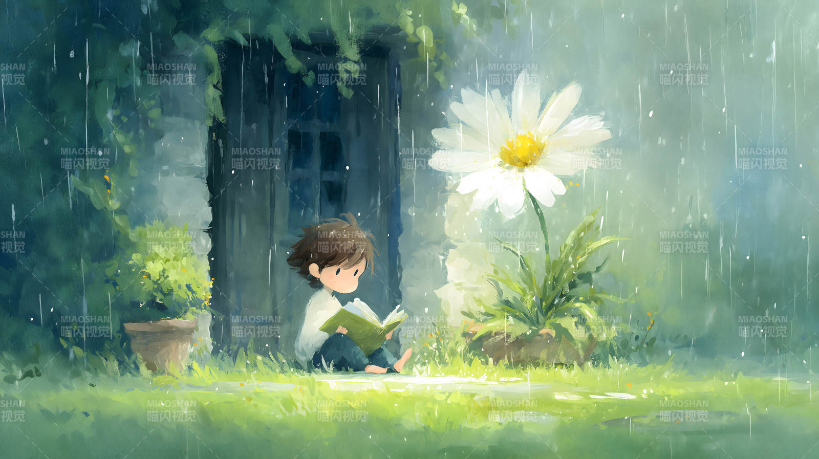 雨中讀書的可愛小孩與巨型雛菊-圖片