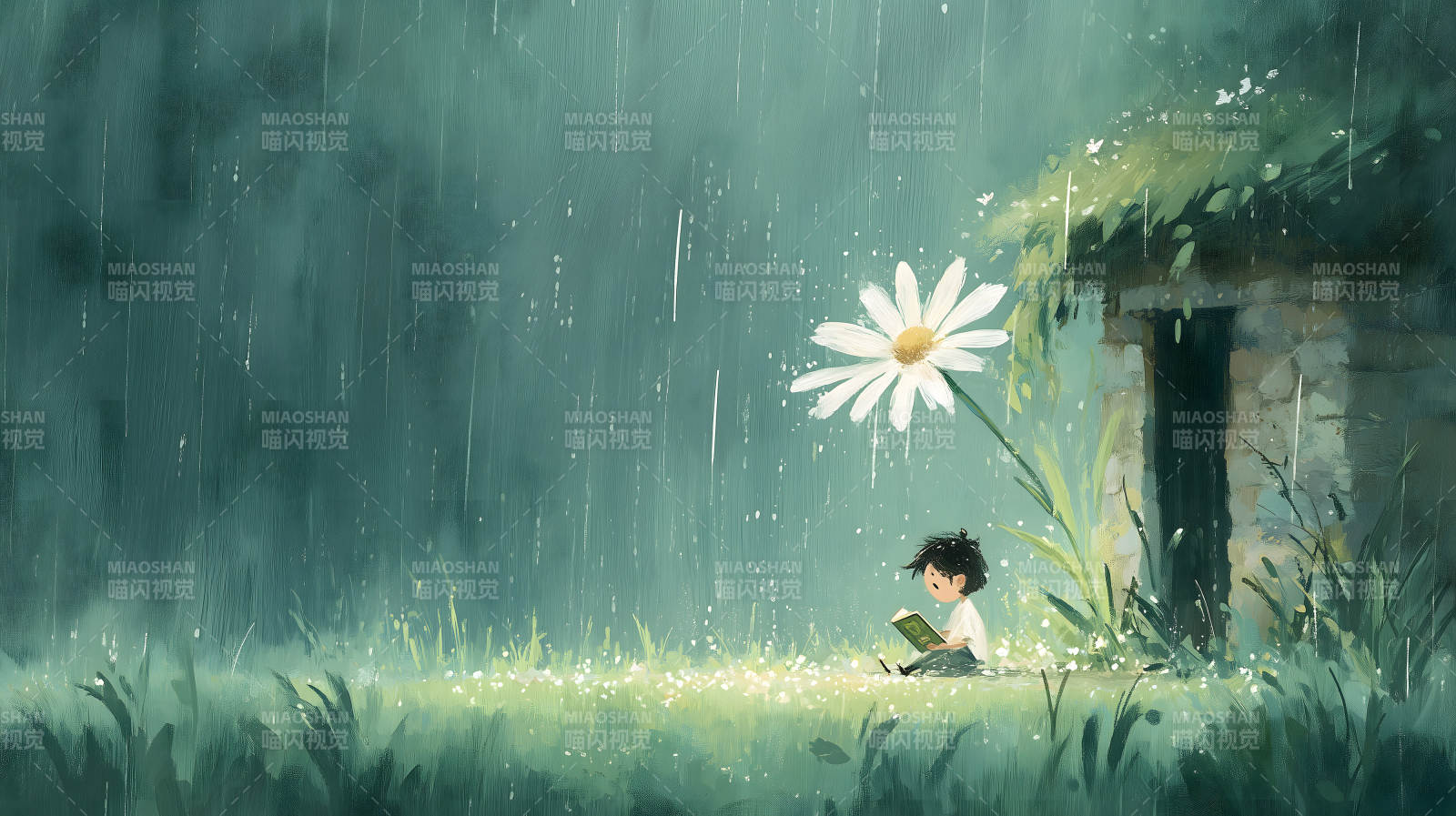 雨中读书的小孩与巨型雏菊-图片