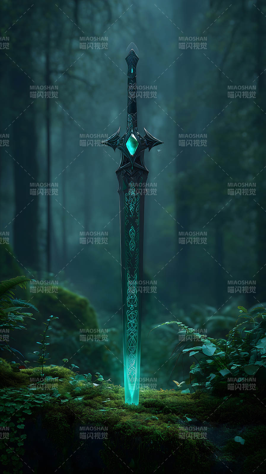 森林中發光的精靈寶劍圖片