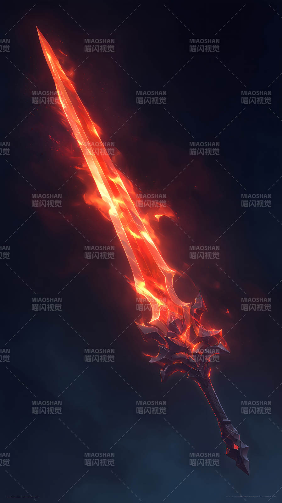 燃烧的火焰剑刃在黑暗中发光-图片