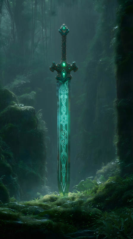 一把發(fā)光的劍立于森林之中-圖片