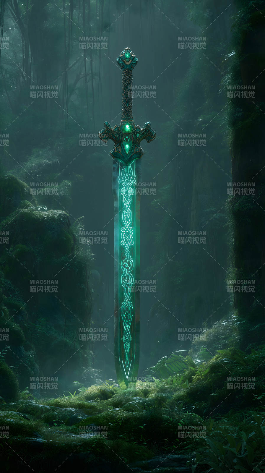 一把發光的劍立于森林之中-圖片