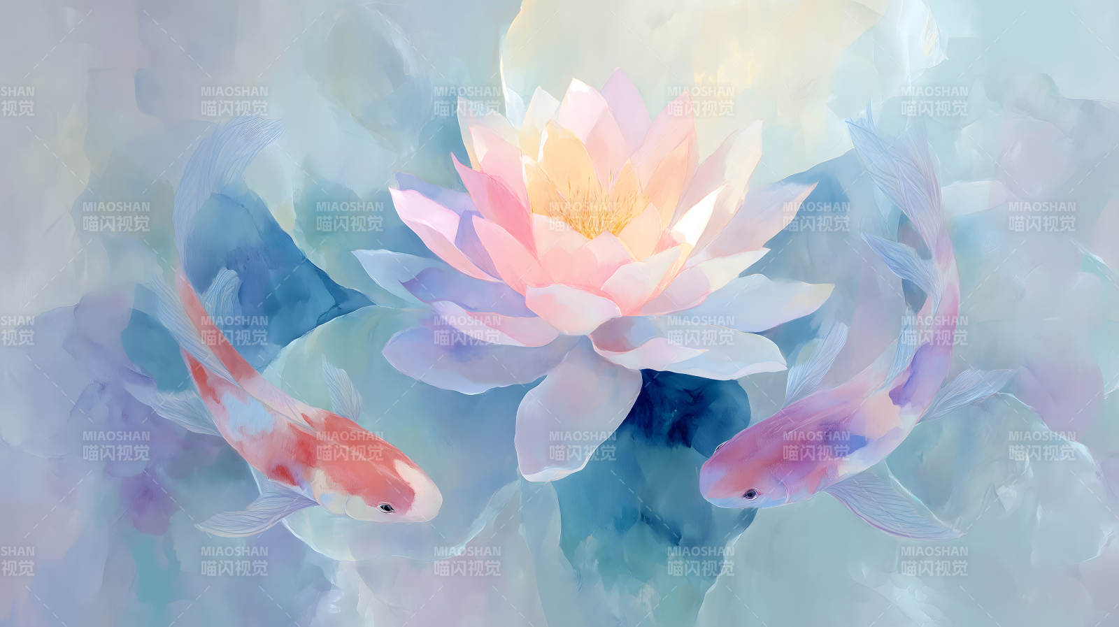 莲花和锦鲤的柔美水彩画-图片