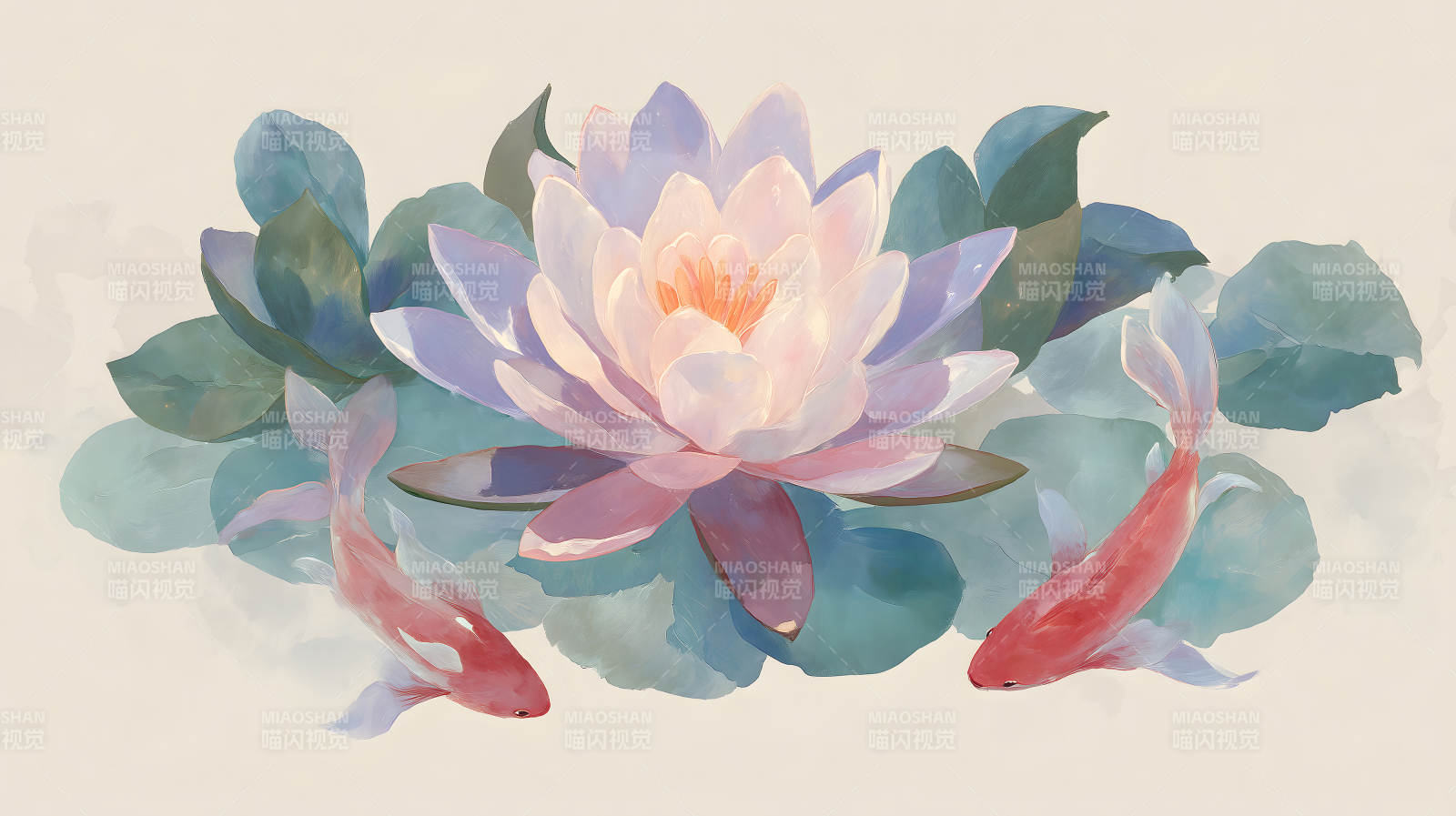 莲花鲤鱼图色彩柔和优美-图片