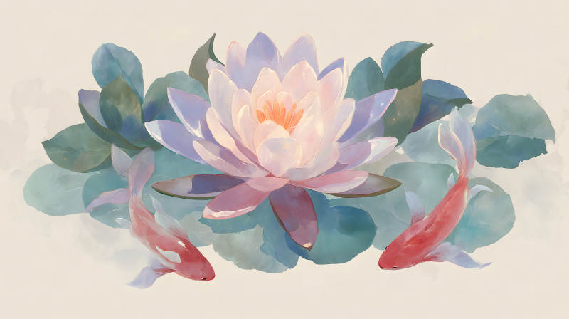 莲花鲤鱼图色彩柔和优美-图片