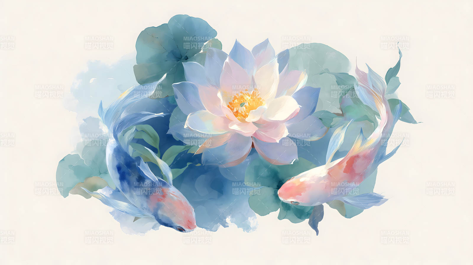 水墨风格莲花与锦鲤的唯美图画-图片