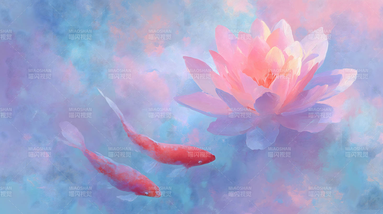 粉色莲花与锦鲤在柔和的水彩氛围中-图片