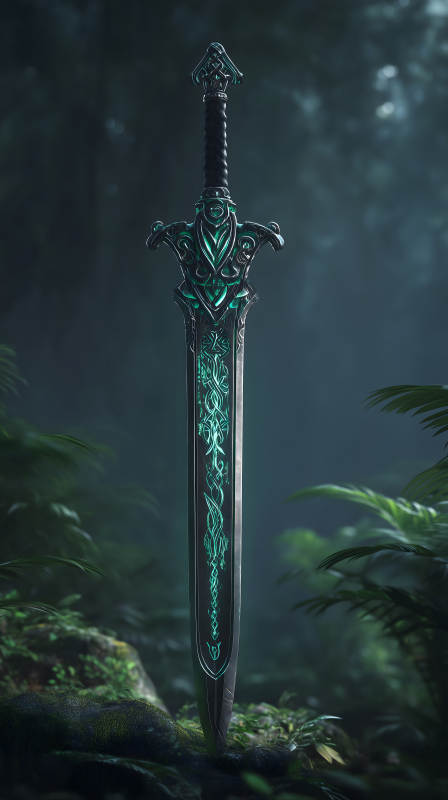 神秘发光的精灵剑伫立森林中-图片