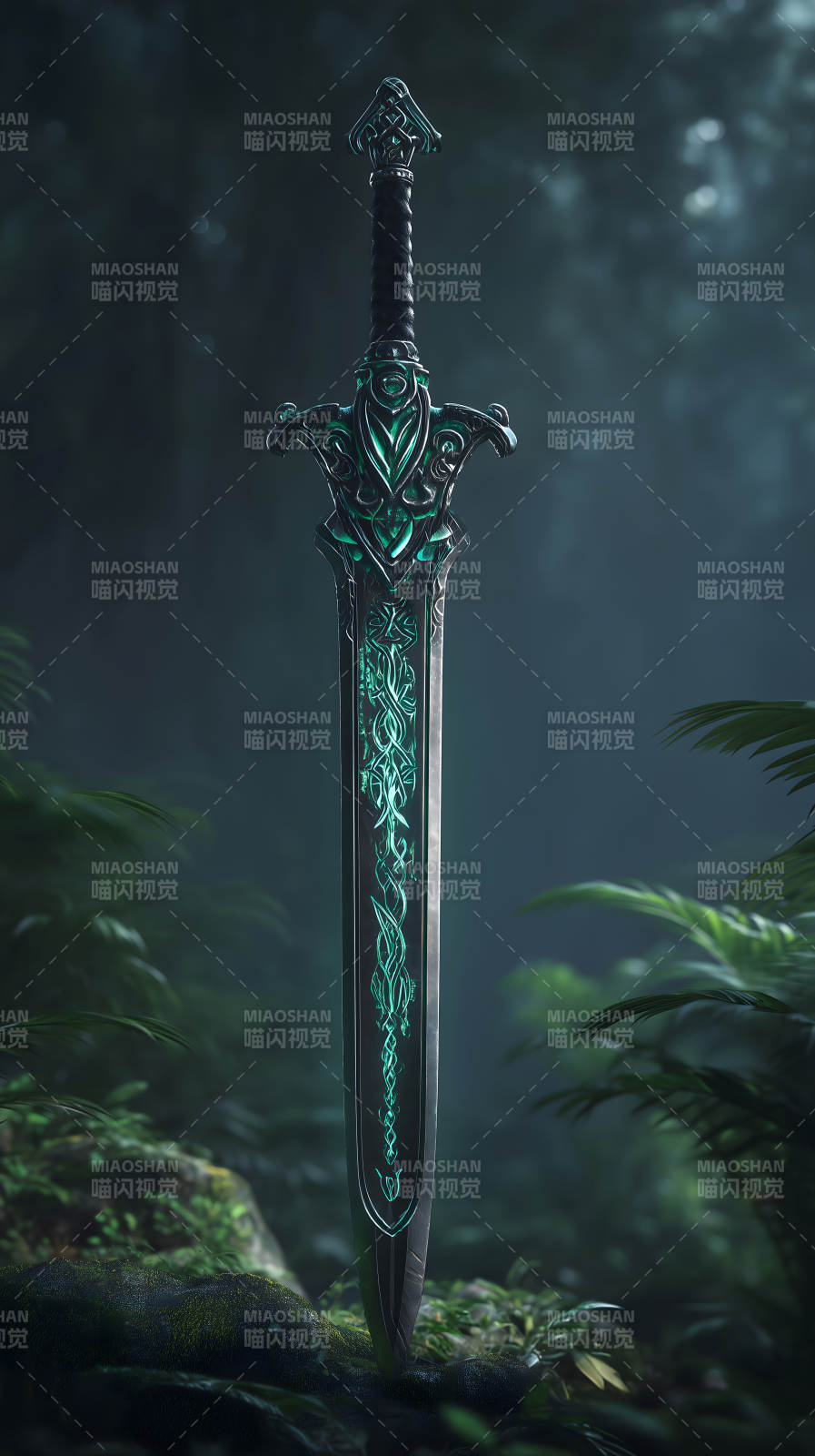 神秘发光的精灵剑伫立森林中-图片