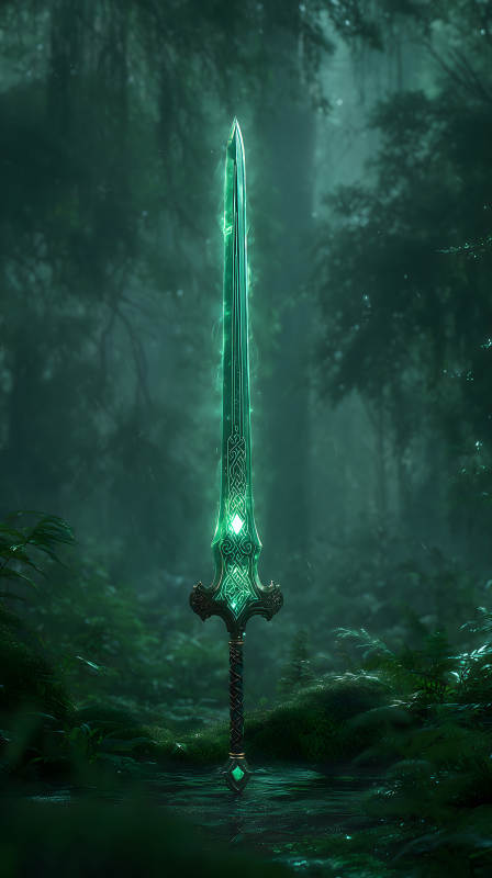 森林中閃耀著光芒的翠綠色劍-圖片