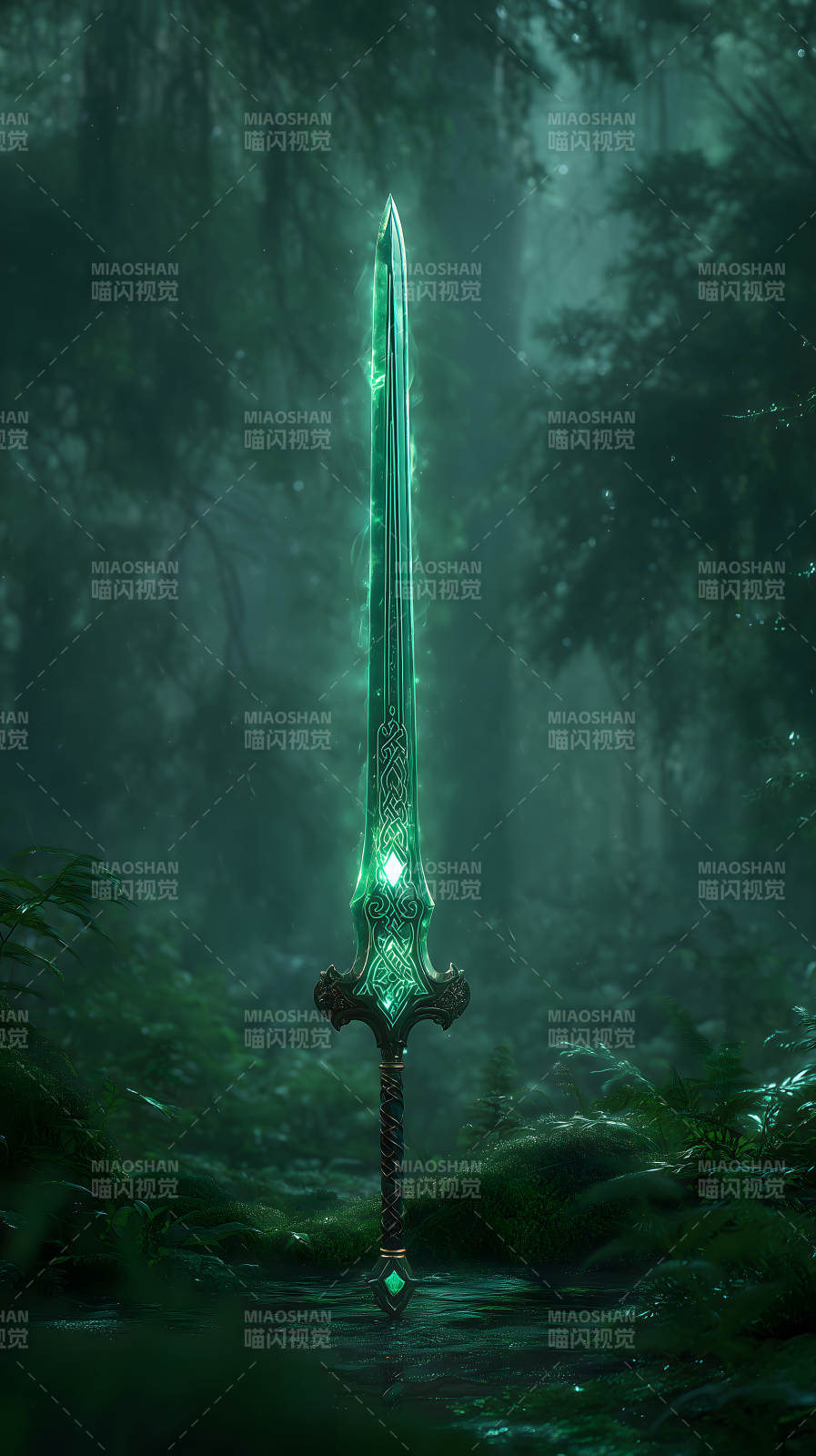 森林中闪耀着光芒的翠绿色剑-图片
