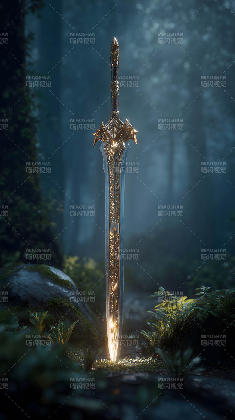 森林中神圣之剑散发光芒-图片