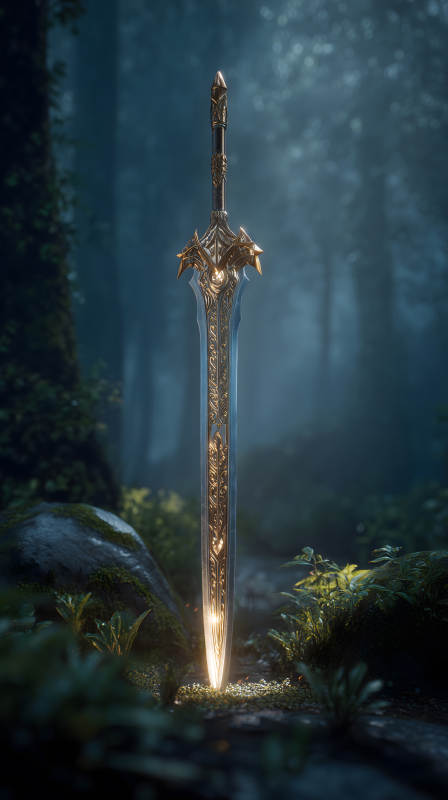 森林中神圣之剑散发光芒-图片