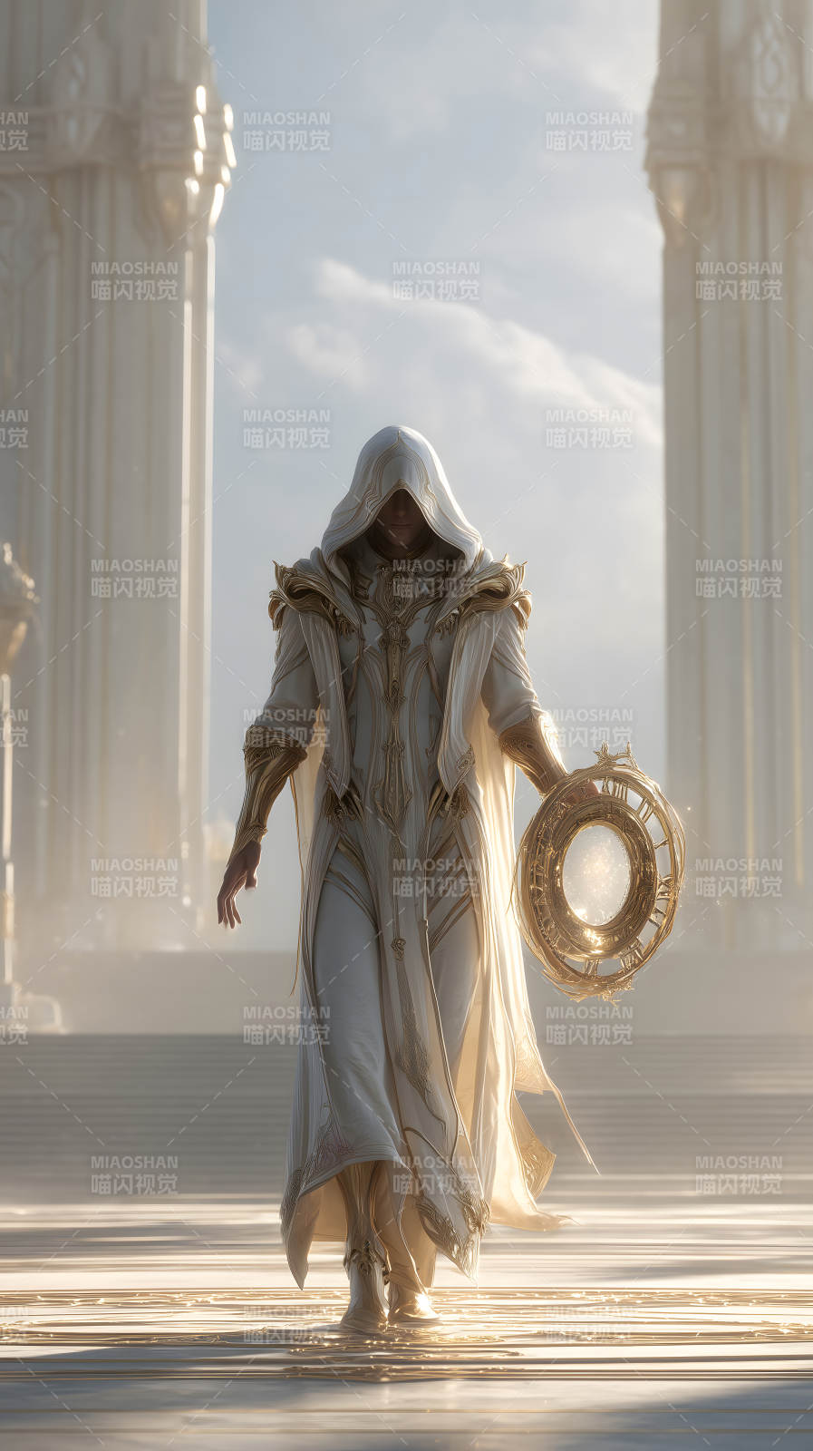 身著白袍的神秘人物手持金色圓環-圖片