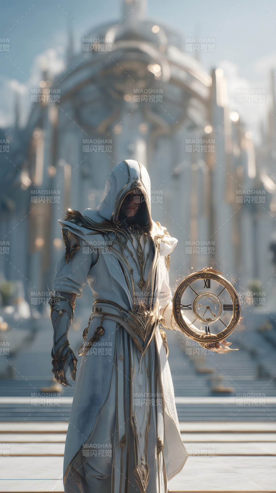 时间守护者手持时钟凝视前方-图片