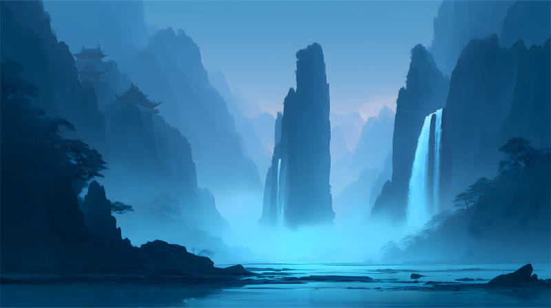 水墨山水瀑布仙境一幅画-图片