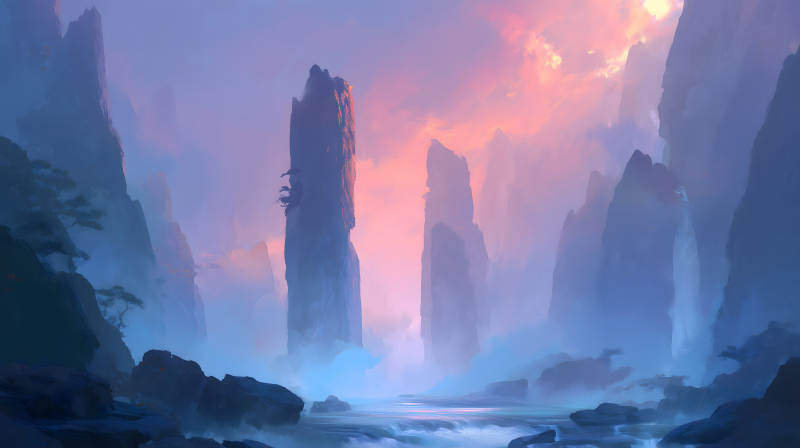 夢幻般的山水畫天空色彩絢麗-圖片