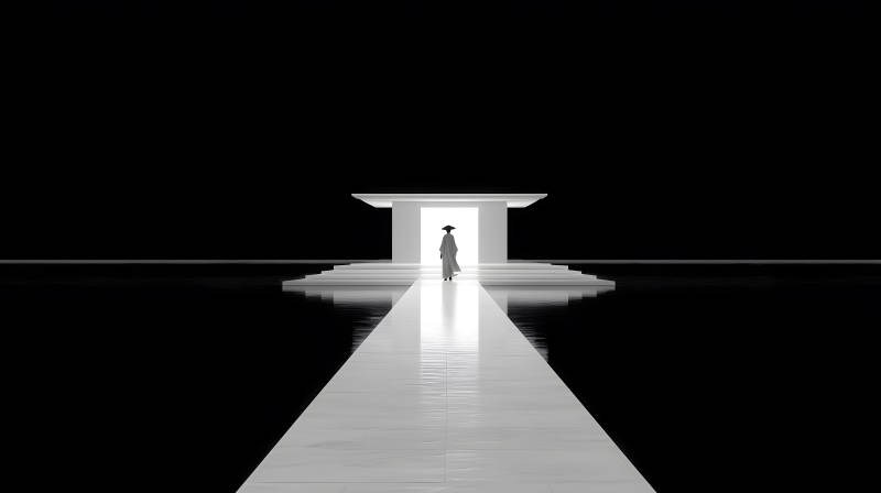 人物走向发光的门纯粹极简风格-图片