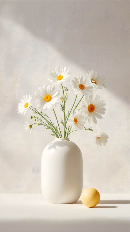雏菊与白瓷瓶的静物摄影-图片