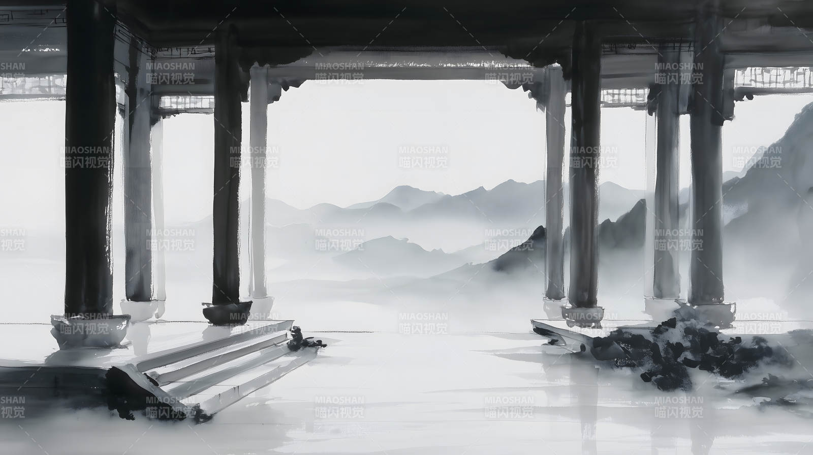 中国风水墨画庭院山景-图片