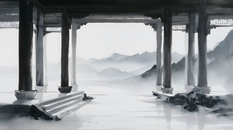 中國風水墨畫庭院山景-圖片