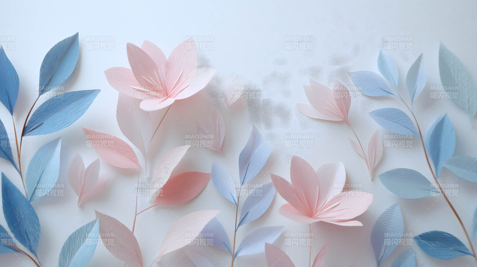 粉色花朵与蓝色叶子纸艺装饰-图片