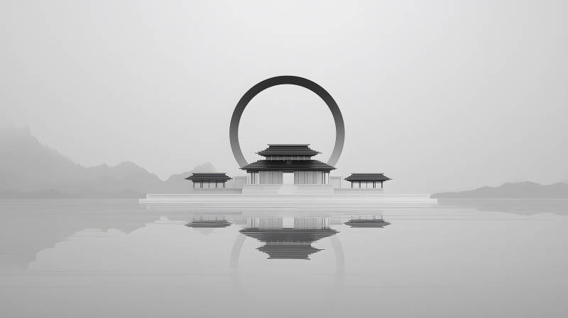 水面倒影下的东方建筑-图片