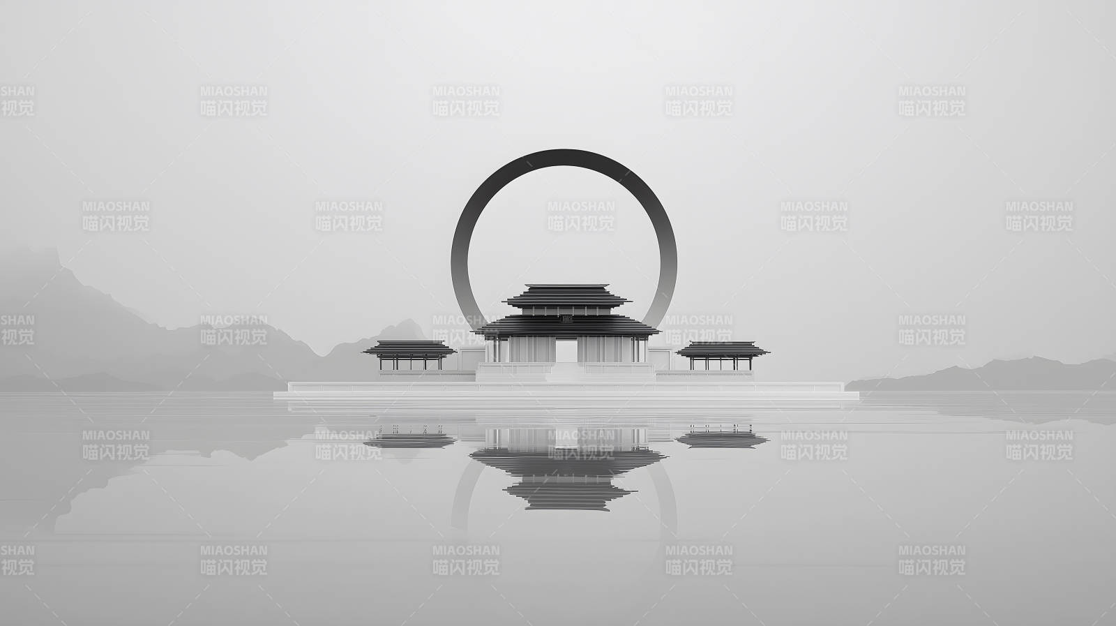 水面倒影下的东方建筑-图片