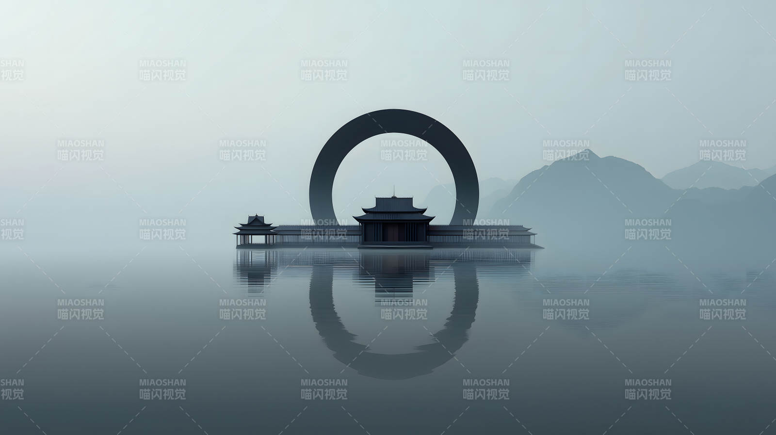 水面建筑与圆环山峰虚幻之境-图片