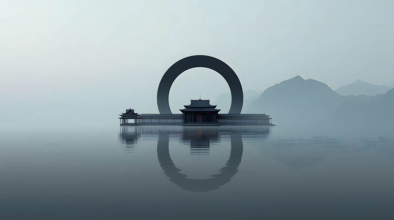 水面建筑与圆环山峰虚幻之境-图片