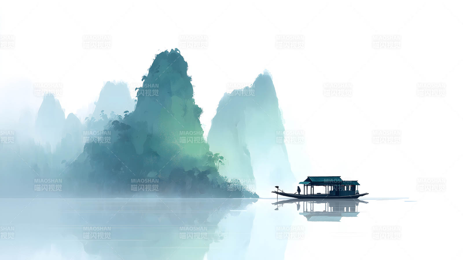 山水之间小舟泛舟意境图-图片