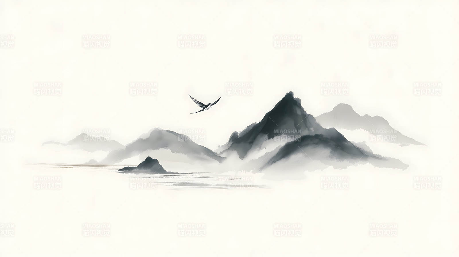 水墨山水画飞鸟意境幽远-图片