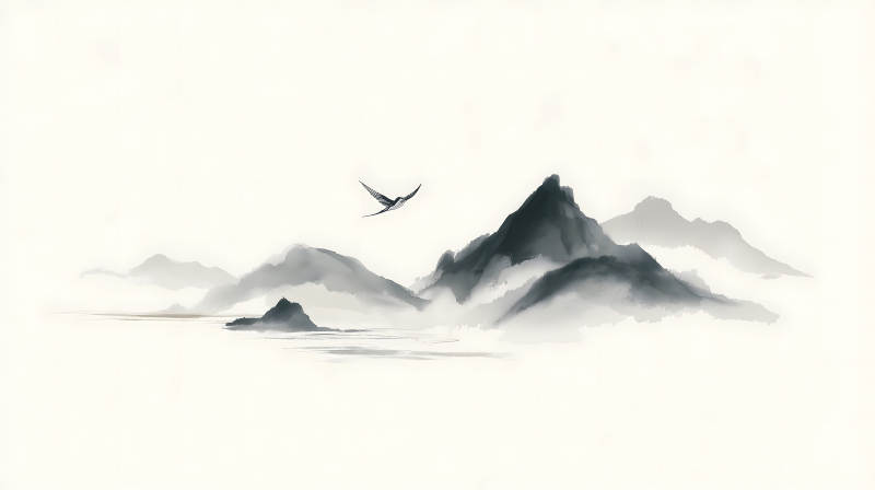 水墨山水画飞鸟意境幽远-图片
