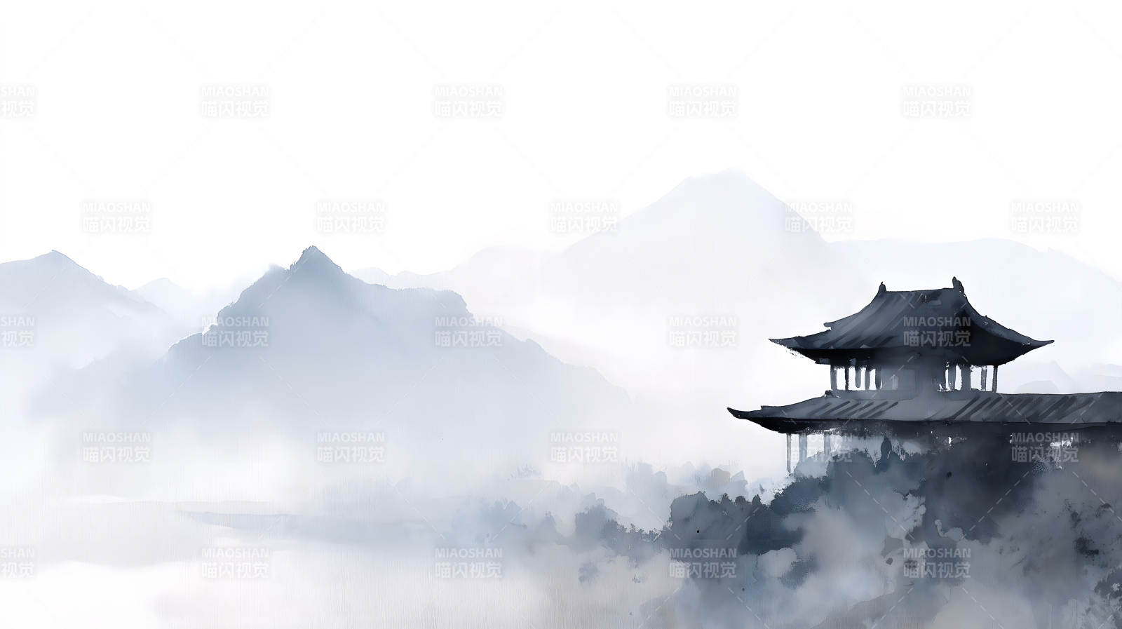 水墨山水畫：遠(yuǎn)山近寺圖片