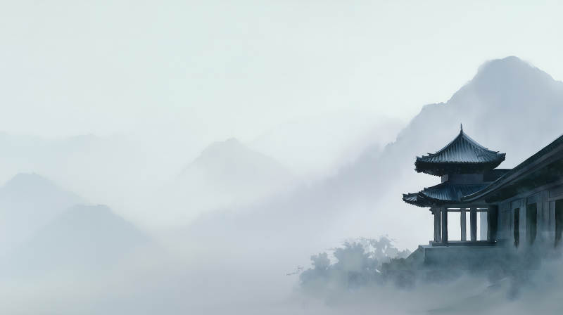 山水画意境深远古朴寺庙坐落山间-图片