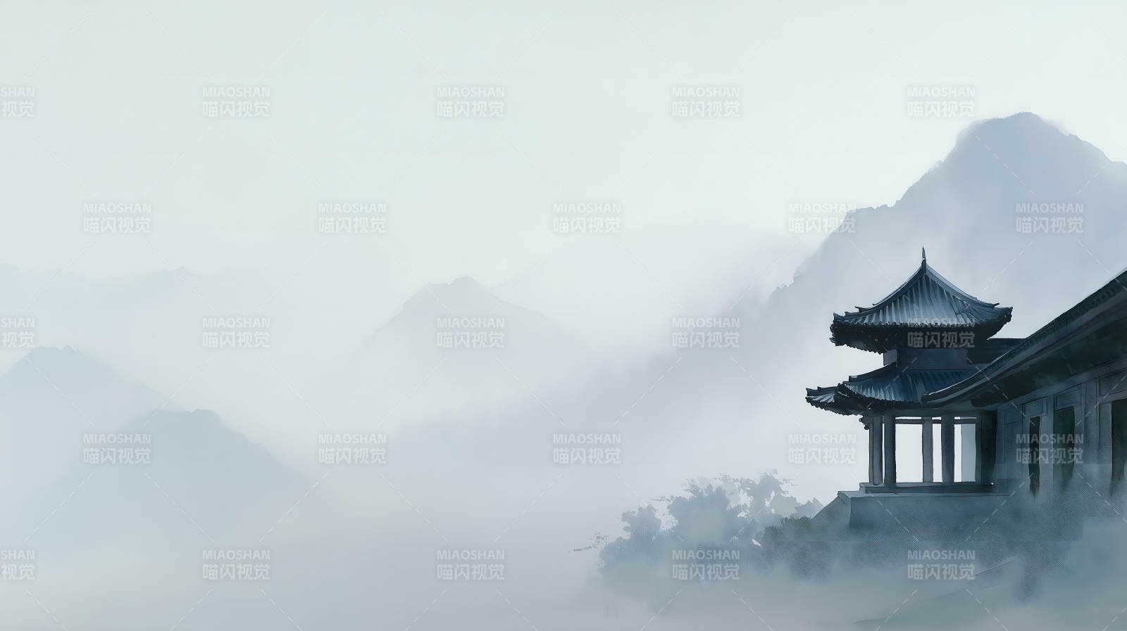 山水畫意境深遠古樸寺廟坐落山間圖片