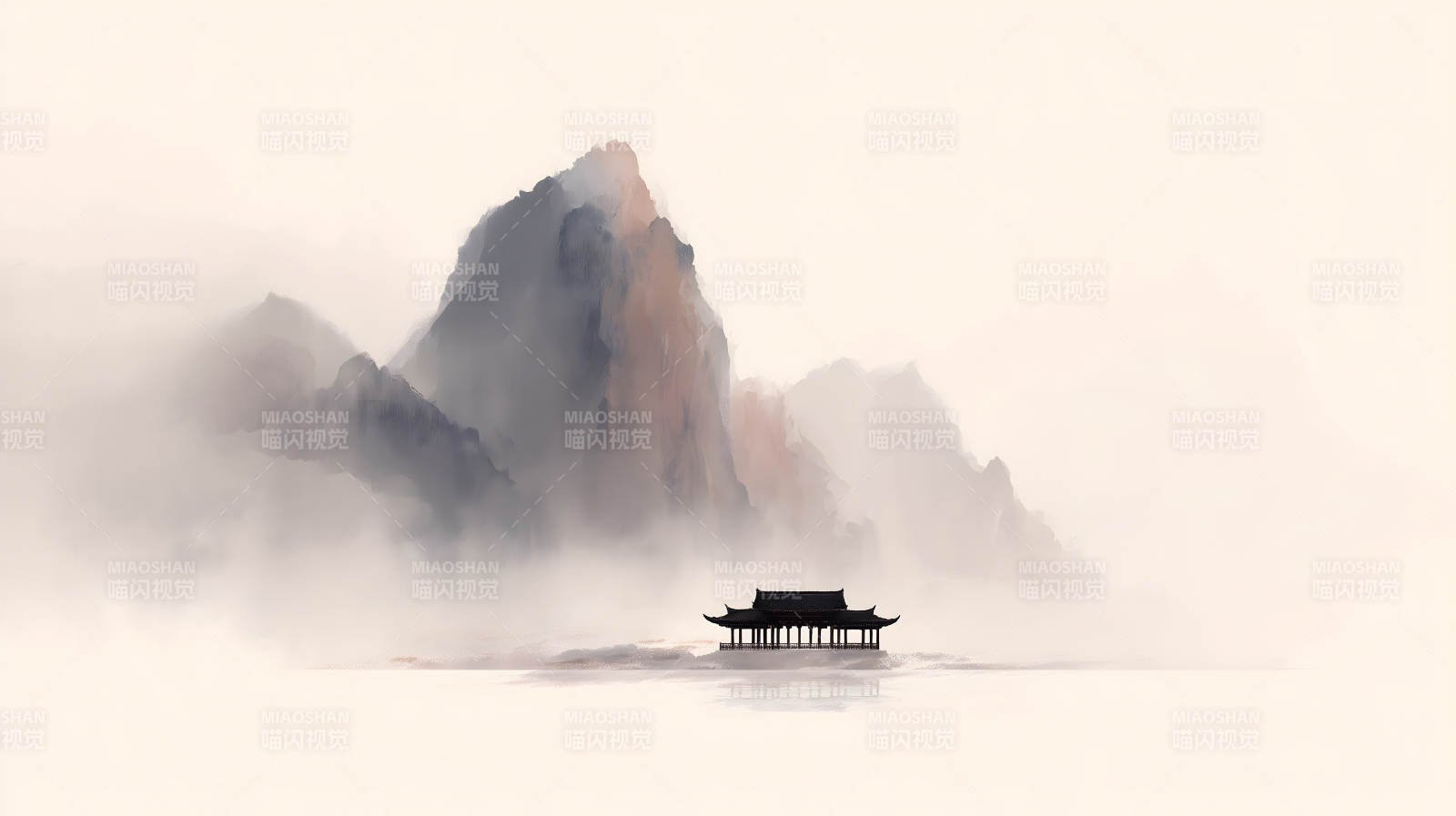 水墨山水画亭台楼阁-图片