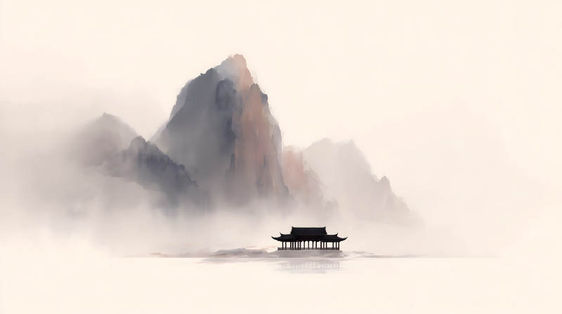 水墨山水画亭台楼阁-图片