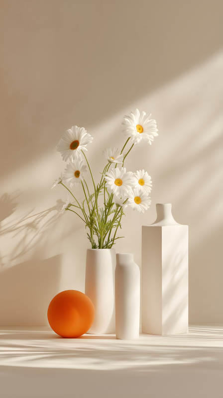 白色花朵与几何形摆件的静物摄影-图片