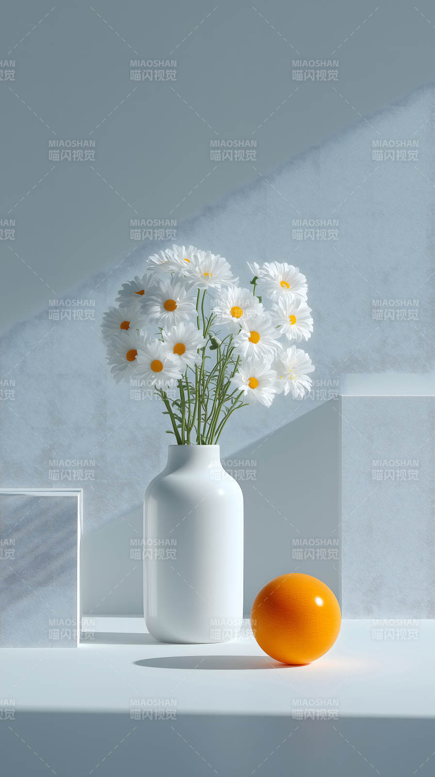 白色花瓶雏菊橙色球体-图片