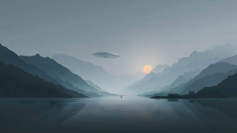 山水之間飛碟出現朦朧美景-圖片