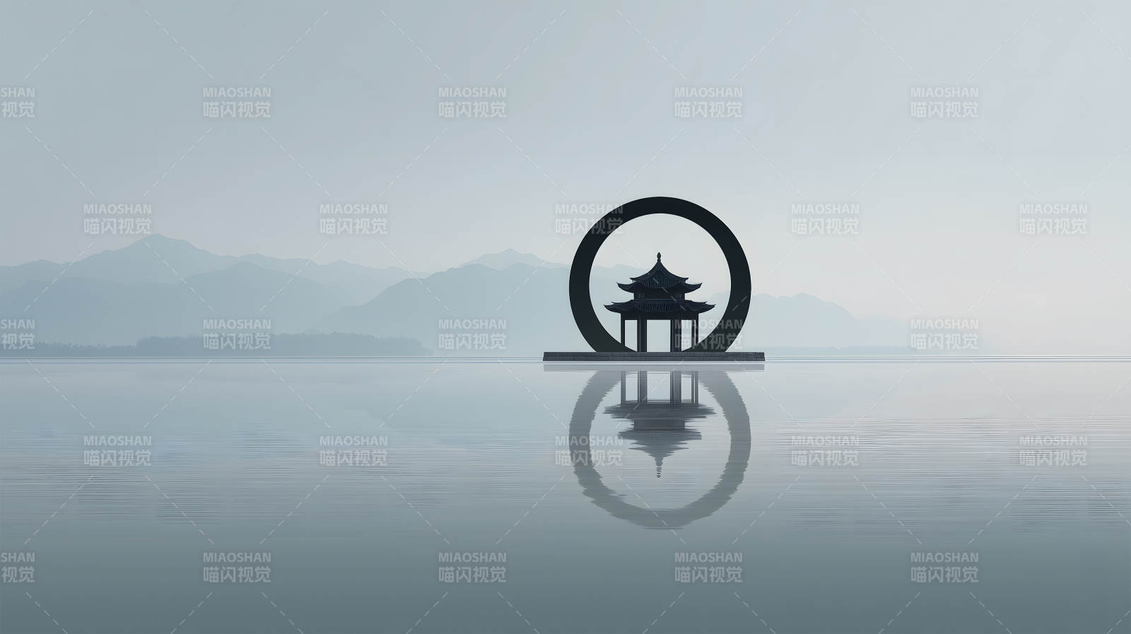 寧靜湖面東方建筑鏡像對稱圖片