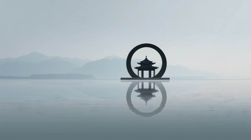 宁静湖面东方建筑镜像对称-图片