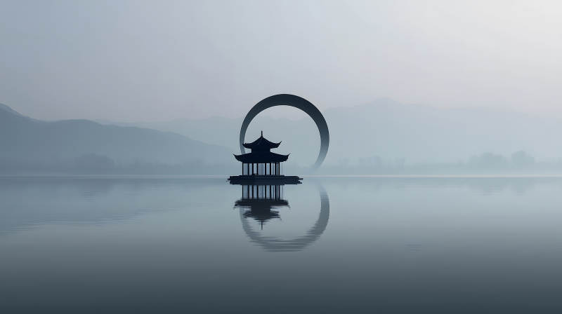 湖泊建筑風景寧靜水面倒影-圖片