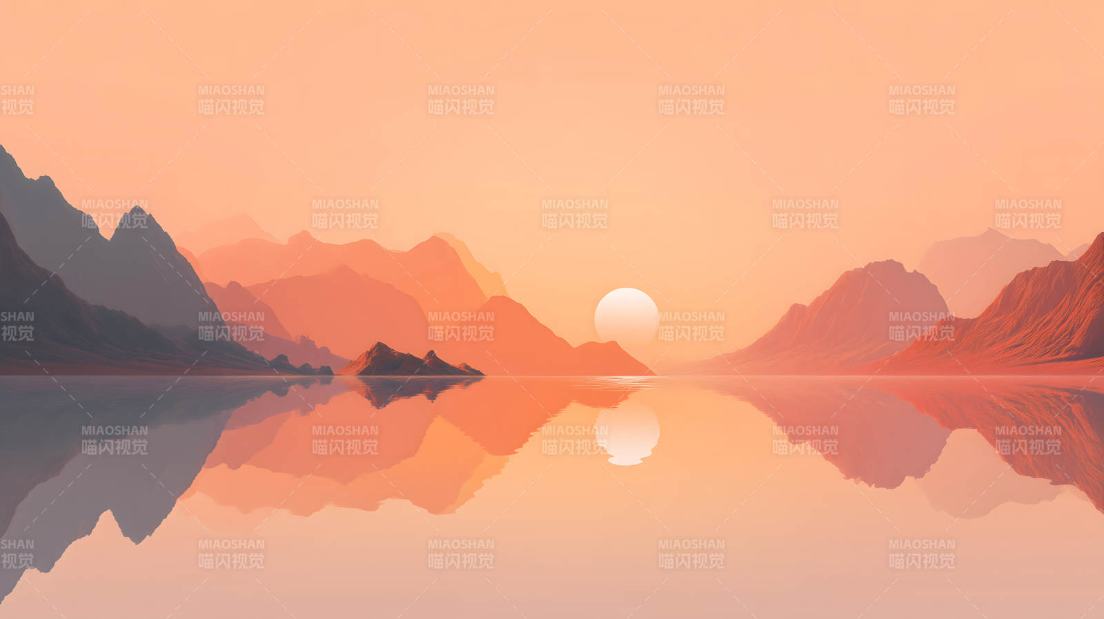 夕阳下的湖泊与山脉-图片