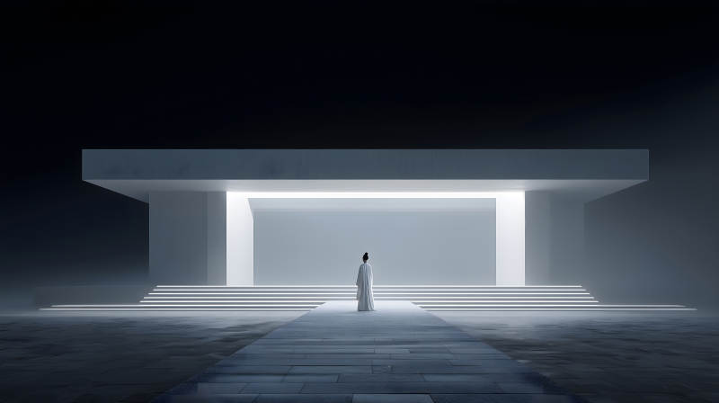 未來主義建筑與神秘人物凝視-圖片