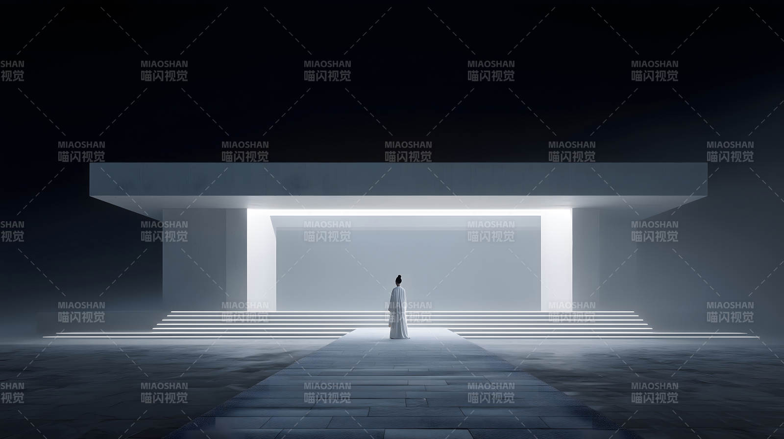 未來主義建筑與神秘人物凝視-圖片