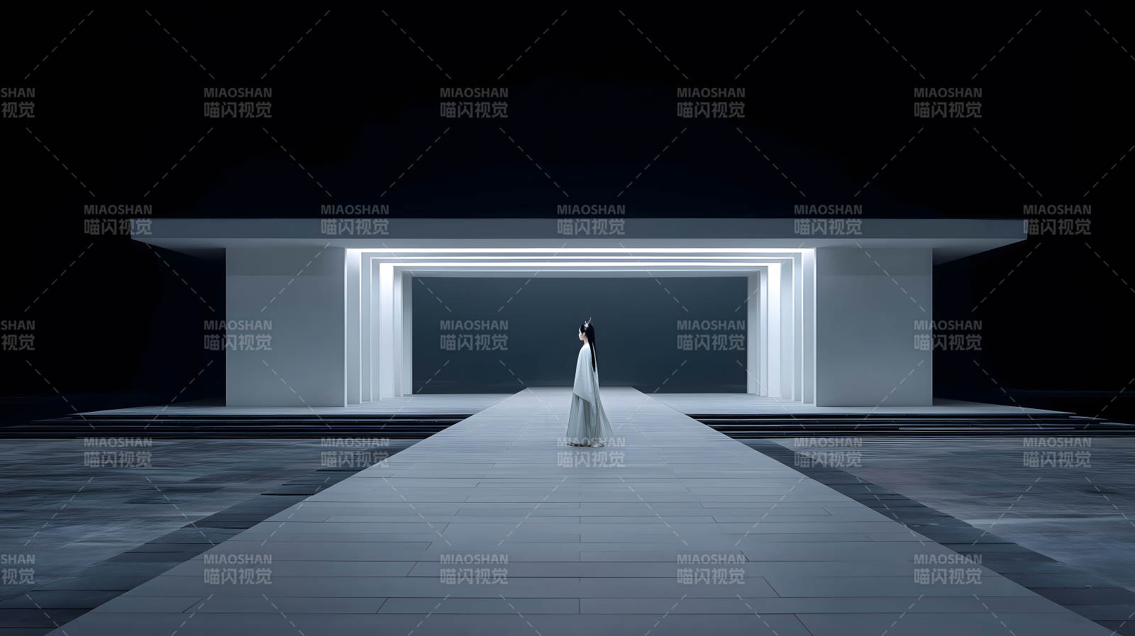 白衣女子佇立建筑前場景-圖片