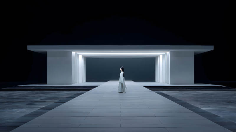 白衣女子佇立建筑前場景-圖片