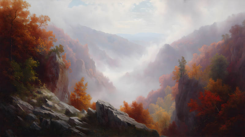 秋日山谷云雾缭绕风景如画-图片